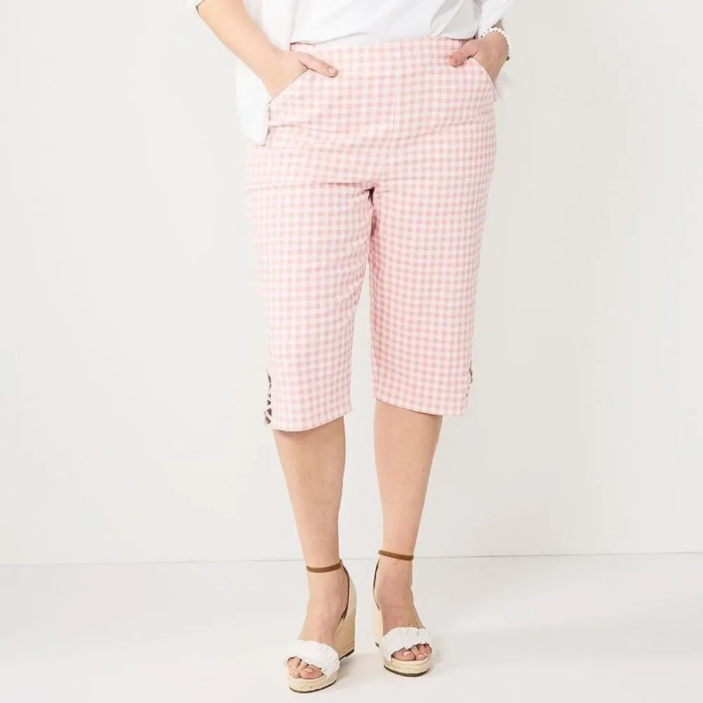 Croft Barrow Lattice Hem Pull on Skimmer Pants Womens 3X Pink Plaid Stretch NEW